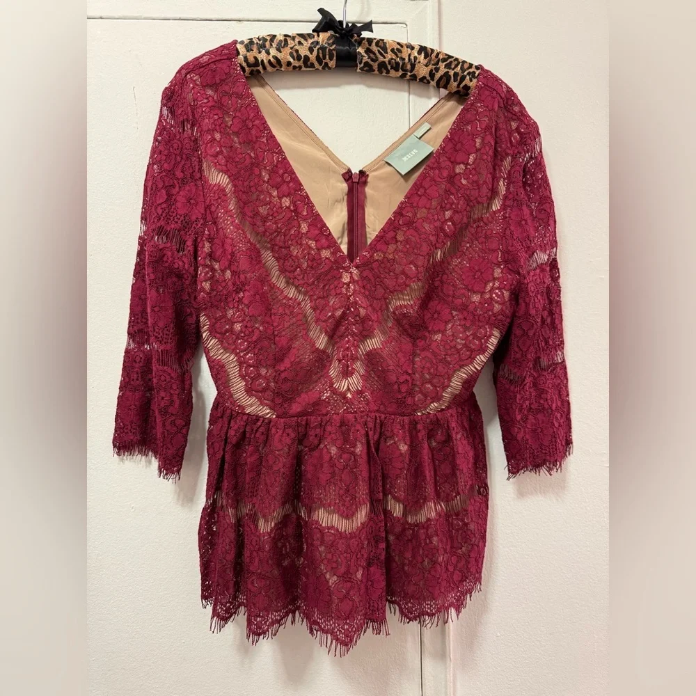 Anthropologie Maeve Lace Peplum Top Burgundy Large - Picture 4 of 7